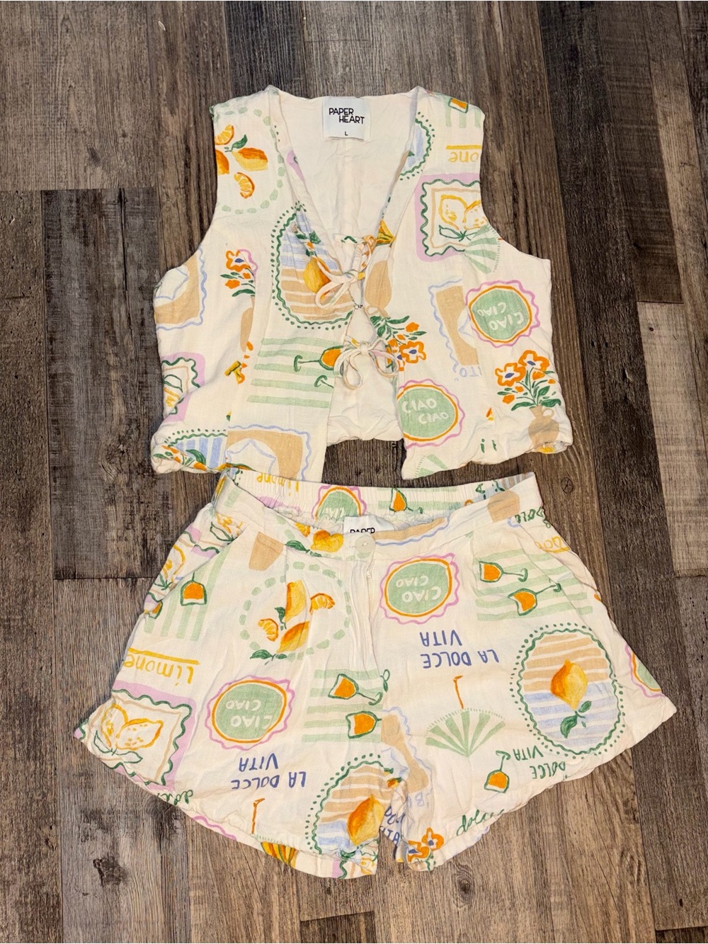 Paper Heart Cream Lemon-Print Two-Piece Pajama Set - Vest & Shorts